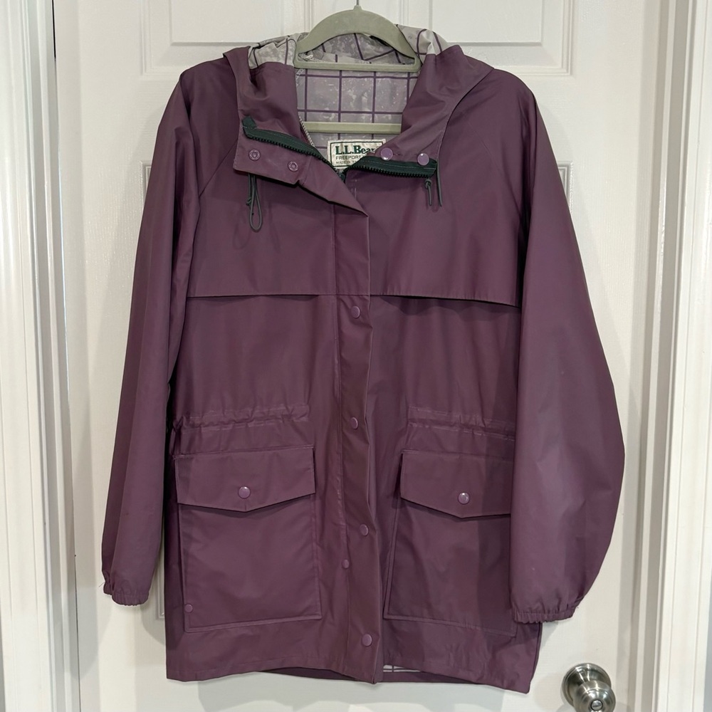 VTG L.L. Bean Purple Hood Raincoat Jacket Women Sz L Waterproof PVC Shell 90s